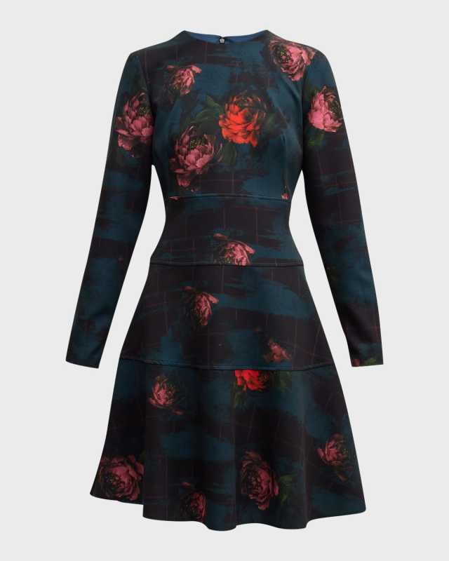 Lily Floral Check-Print Long-Sleeve Tiered Paneled Dress